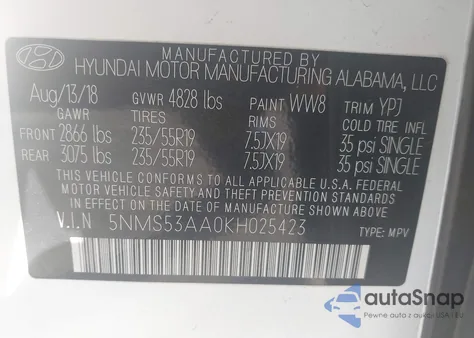 2019 Hyundai Santa Fe Limited/Ultimate z USA, uszkodzony, nr VIN 5NMS53AA0KH025423